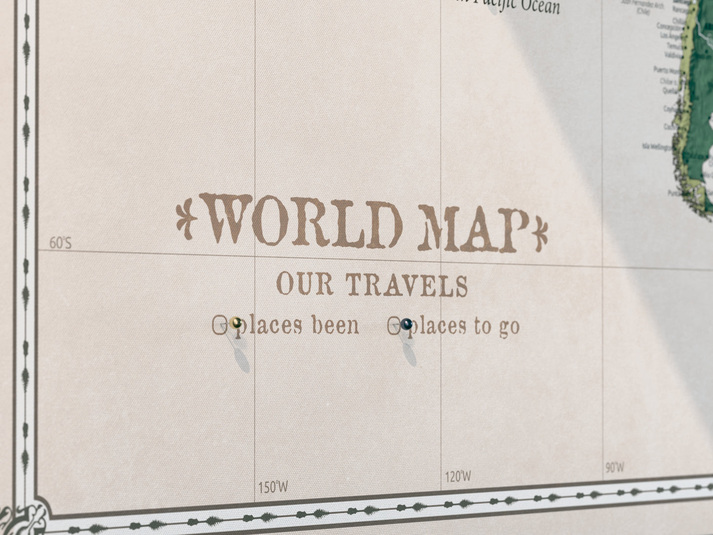 Personalised World Map on Canvas Pushpins Pinboard - Green Garden