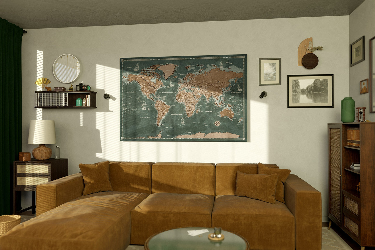 Personalised World Map on Canvas Pushpins Pinboard - Explorer's Green