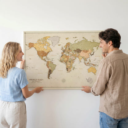 Personalisierte Weltkarte auf Leinwand mit Stecknadeln - Goldene Ära