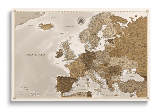 Personalised Europe Map on Canvas Pushpins Pinboard - Vintage Travels