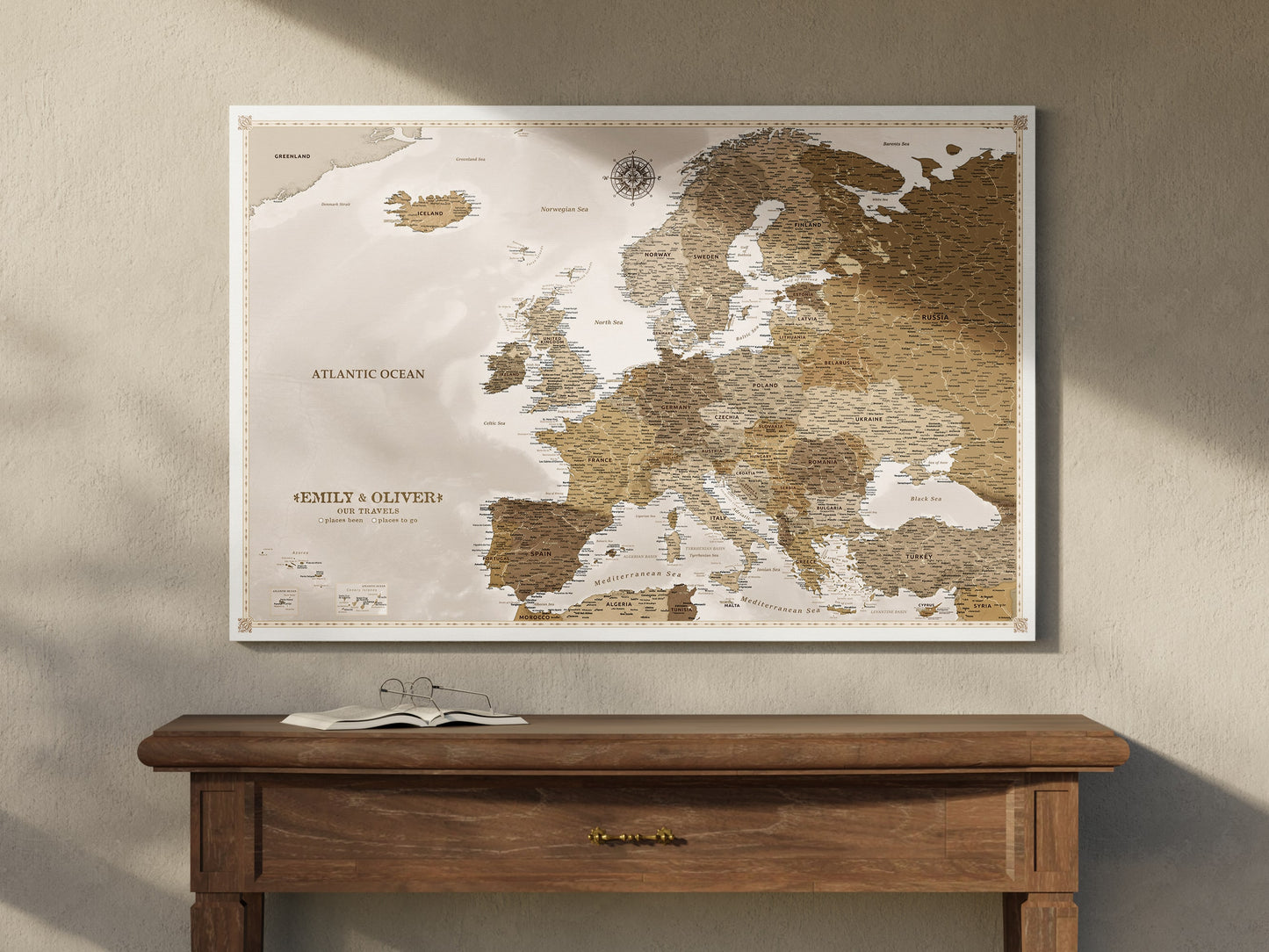 Personalised Europe Map on Canvas Pushpins Pinboard - Vintage Travels