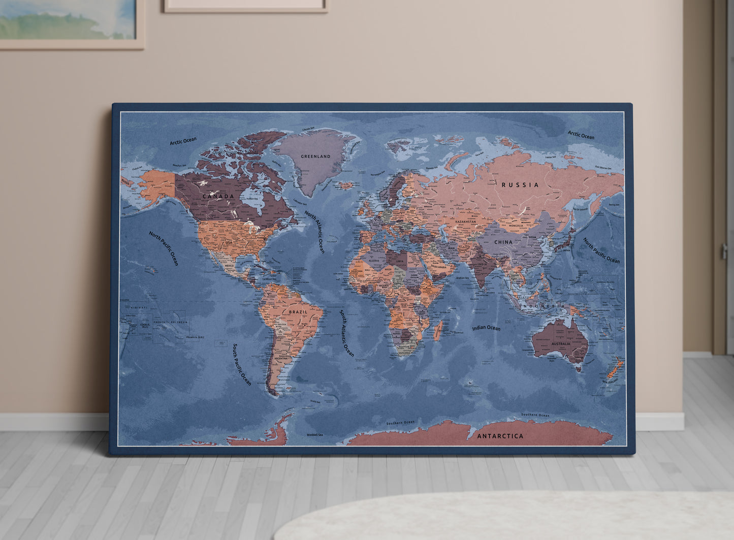 Personalised World Map on Canvas Pushpins Pinboard - Early Twilight
