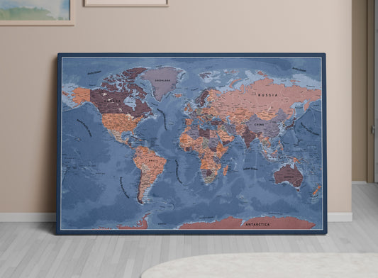 Personalized World Map on Canvas Pushpins Pinboard - Early Twilight
