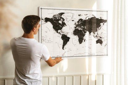 Personalised World Map on Canvas Pushpins Pinboard - Classic Black & White