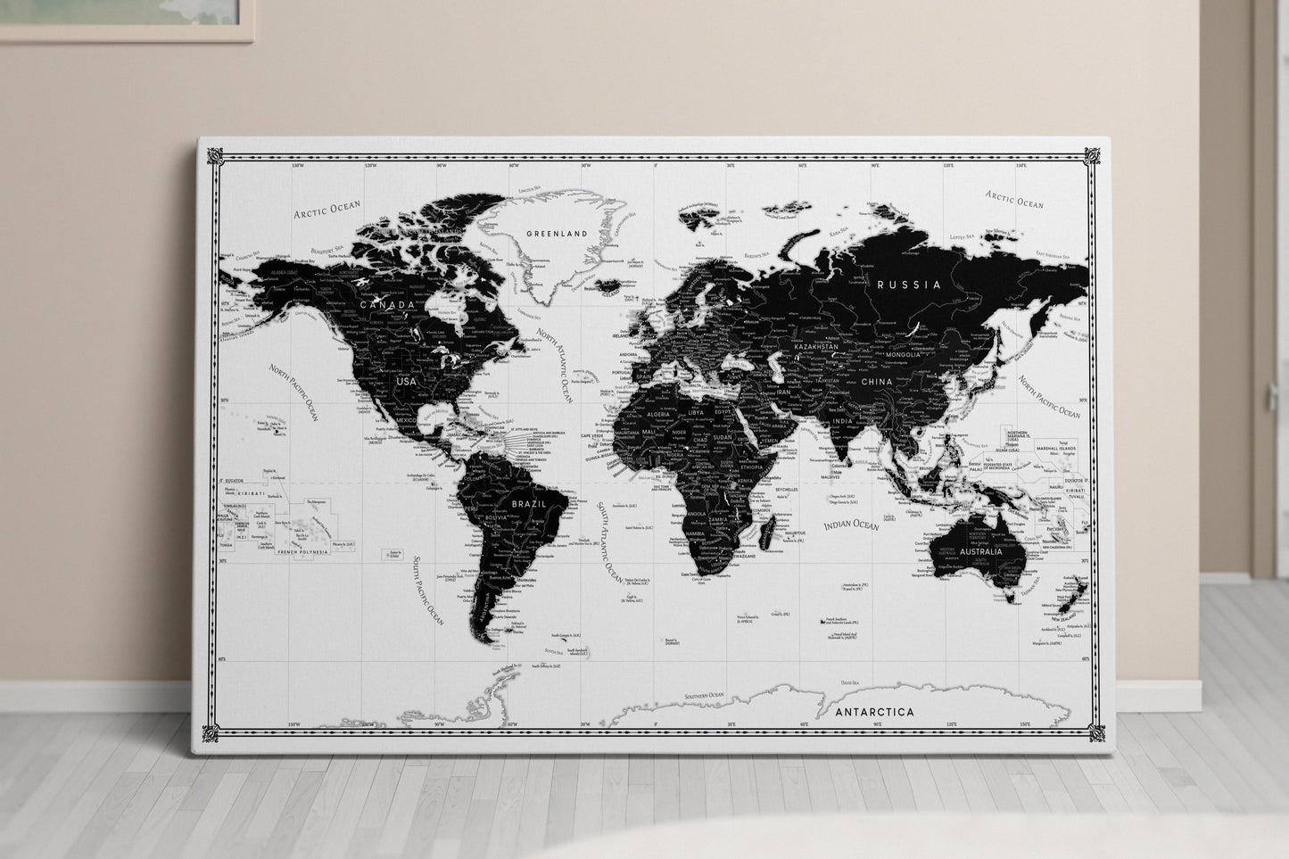 Carte du Monde Personnalisée sur Toile avec Épingles - Classique Noir & Blanc