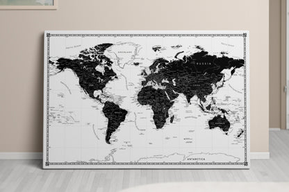 Personalised World Map on Canvas Pushpins Pinboard - Classic Black & White