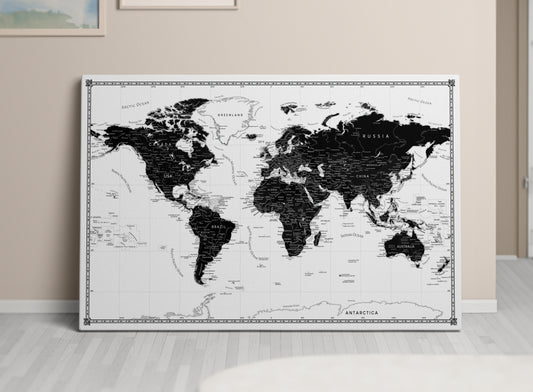 Personalized World Map on Canvas Pushpins Pinboard - Classic Black & White