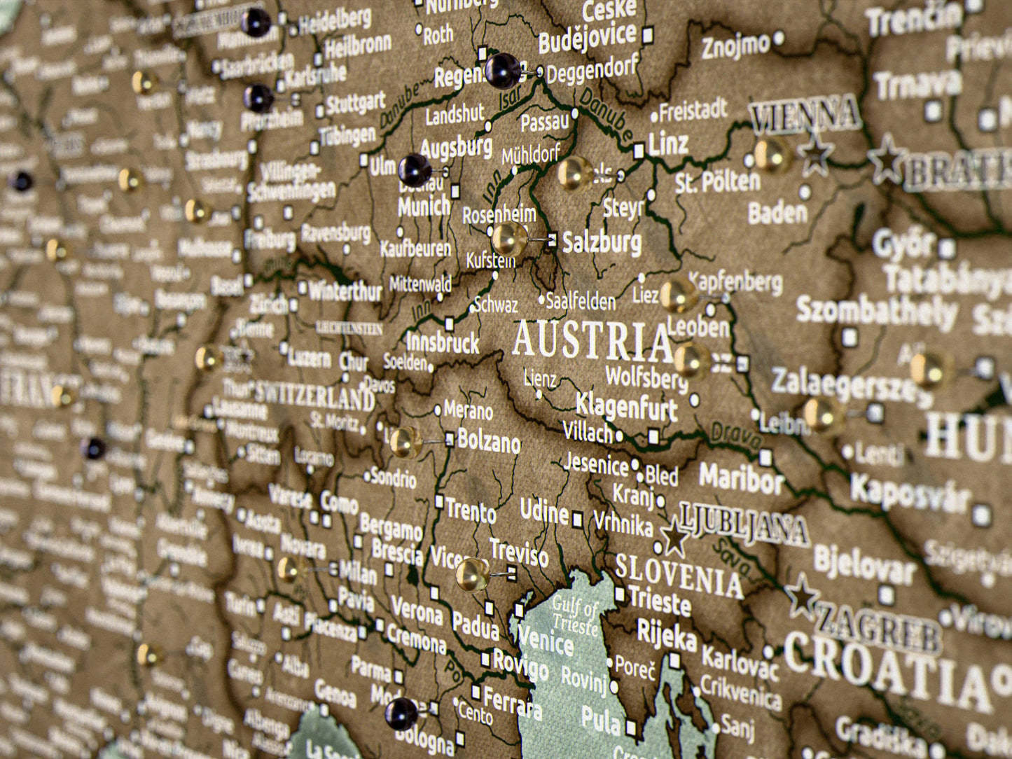 Personalised Europe Map on Canvas Pushpins Pinboard - Explorer's Green