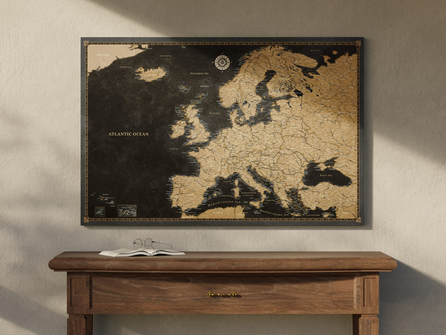 Personalised Europe Map on Canvas Pushpins Pinboard - Golden Travels