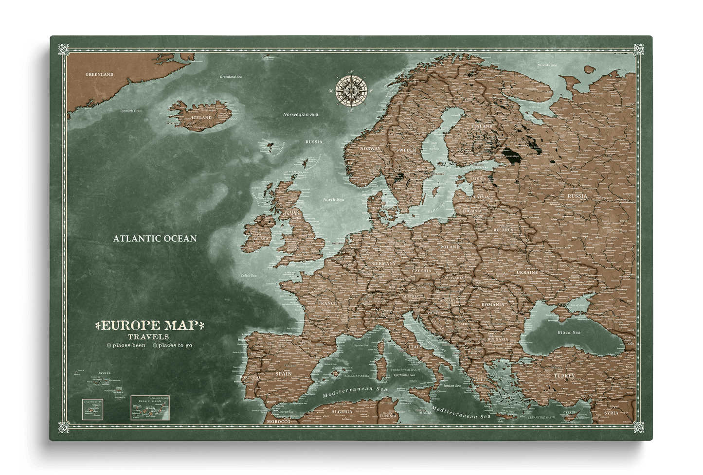 Personalised Europe Map on Canvas Pushpins Pinboard - Explorer's Green