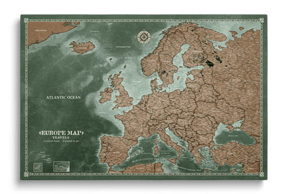 Personalised Europe Map on Canvas Pushpins Pinboard - Explorer's Green