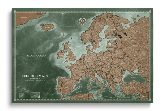 Personalised Europe Map on Canvas Pushpins Pinboard - Explorer's Green