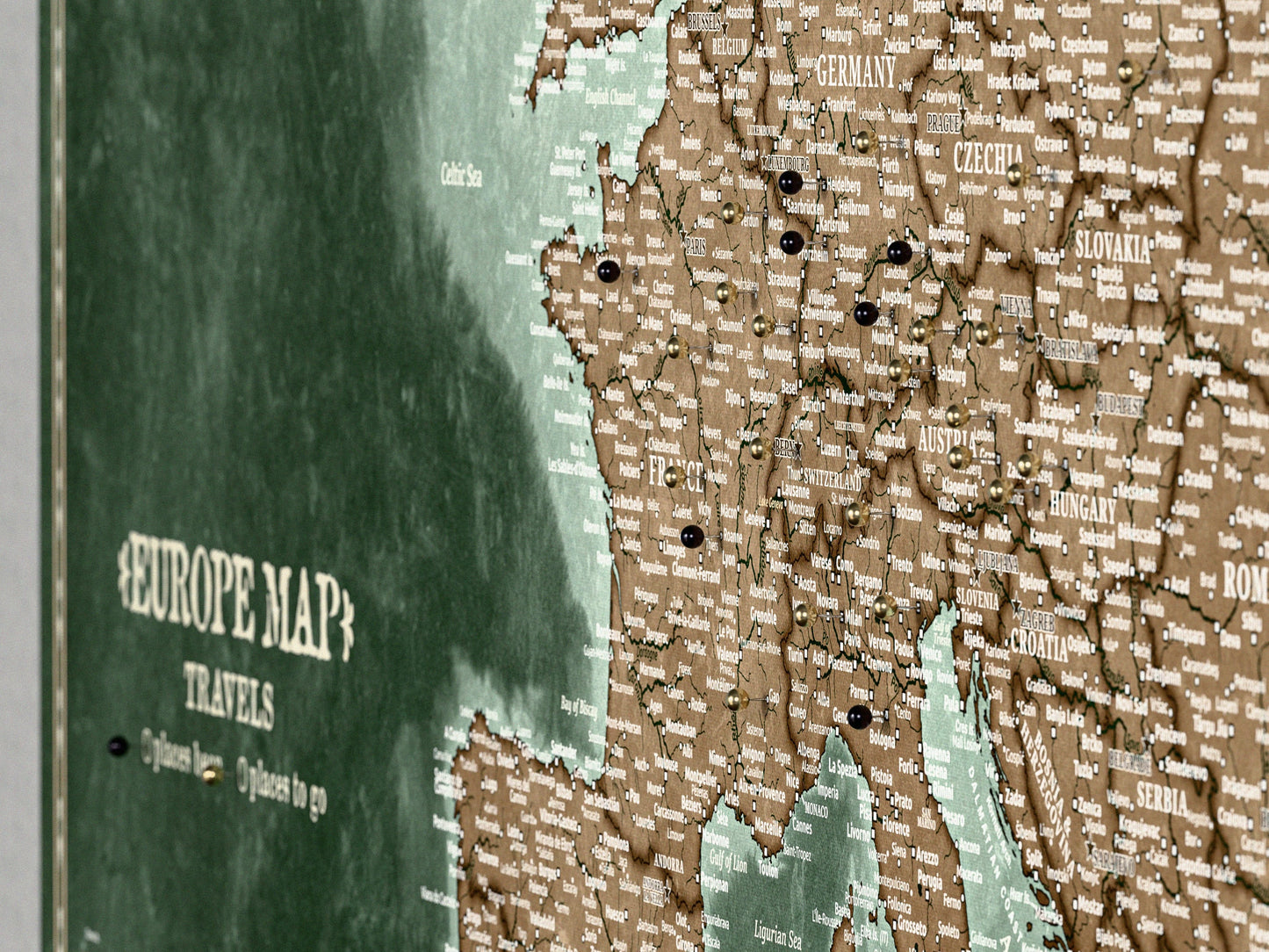 Personalised Europe Map on Canvas Pushpins Pinboard - Explorer's Green