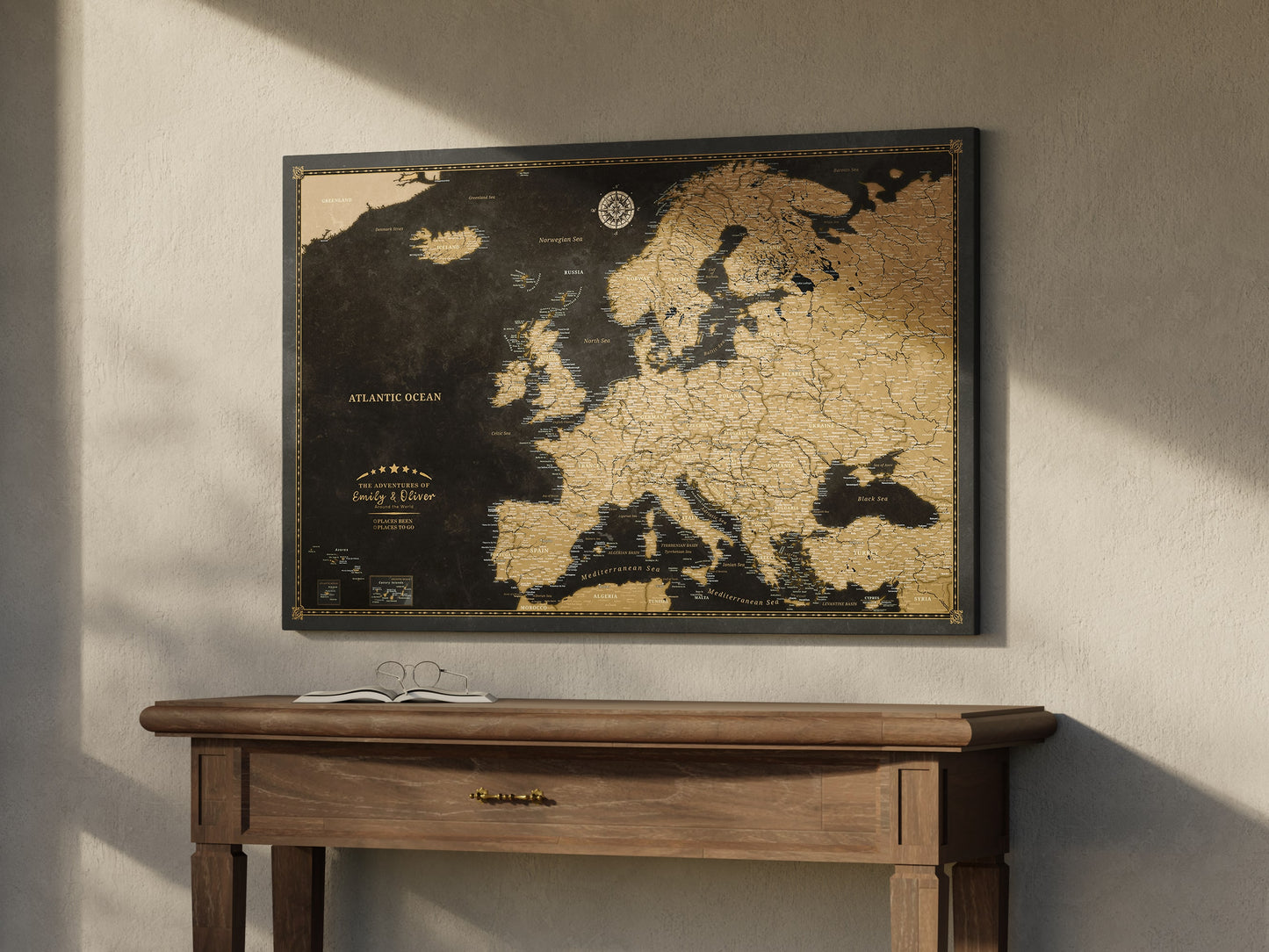 Personalised Europe Map on Canvas Pushpins Pinboard - Golden Travels