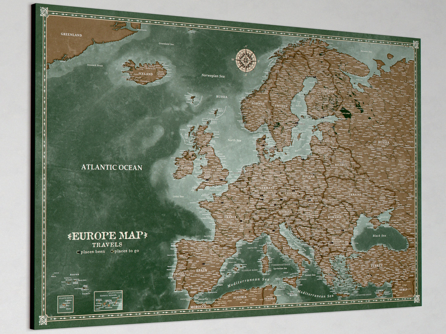 Personalised Europe Map on Canvas Pushpins Pinboard - Explorer's Green