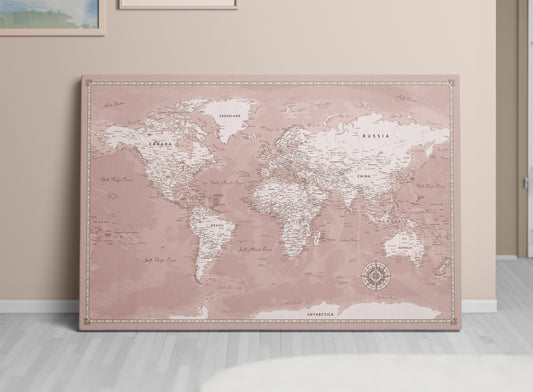 Personalized World Map on Canvas Pushpins Pinboard - Rose Compass