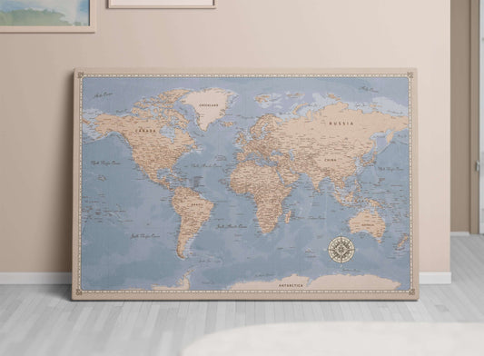 Personalized World Map on Canvas Pushpins Pinboard - Elegant Earth