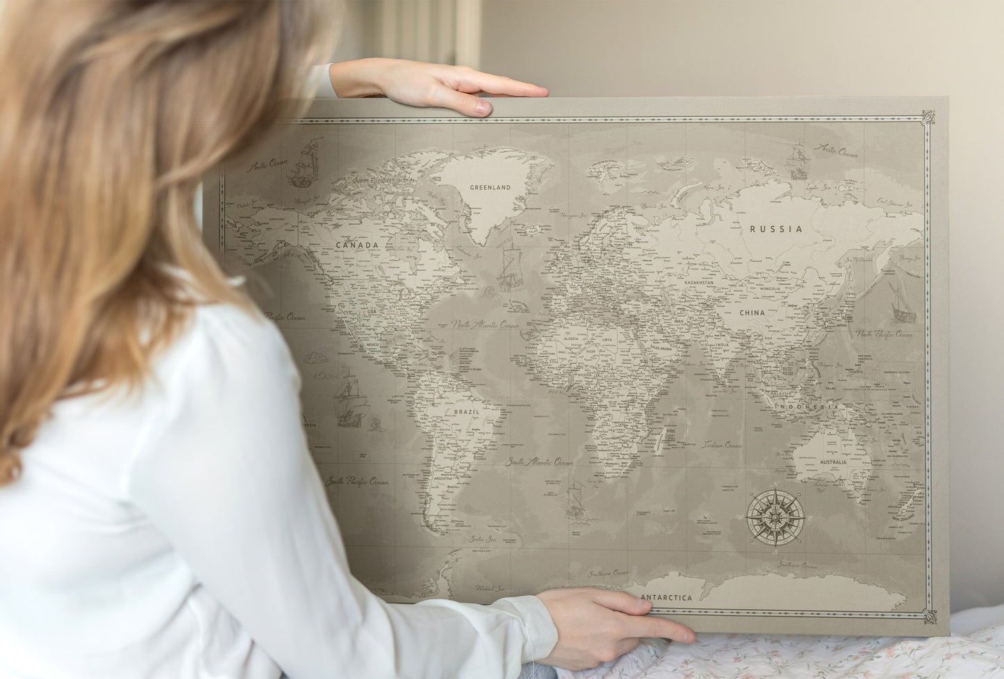 Personalised World Map on Canvas Pushpins Pinboard - Dusty Traveler