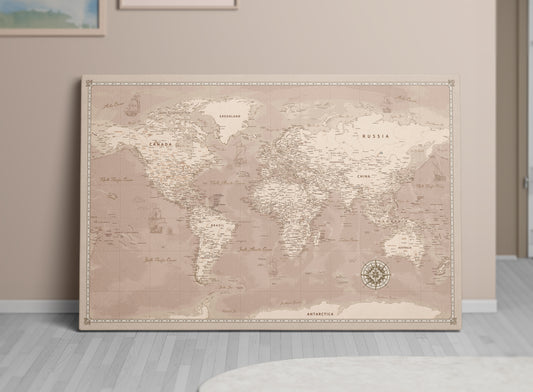 Personalizowana Mapa świata na płótnie w formie tablicy korkowej z pinezkami - Dusty Traveler