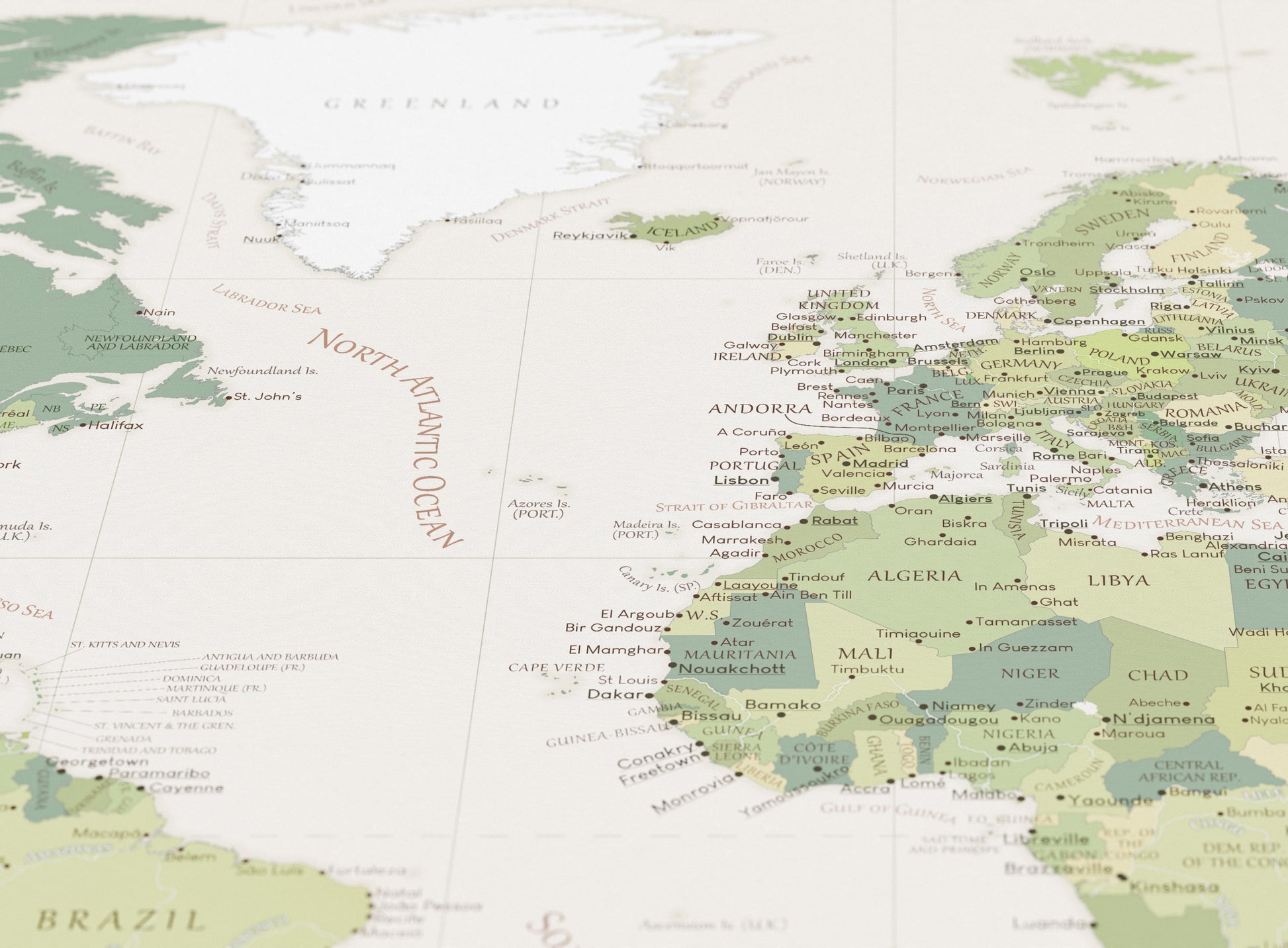 Detailed close-up of a customizable travel map with Europe and Africa.