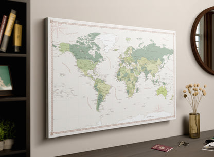 World map pinboard mounted on wall, adding a touch of adventure to home decor.