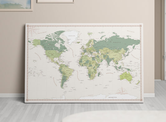 World map on canvas in a modern room, customizable for marking travels.