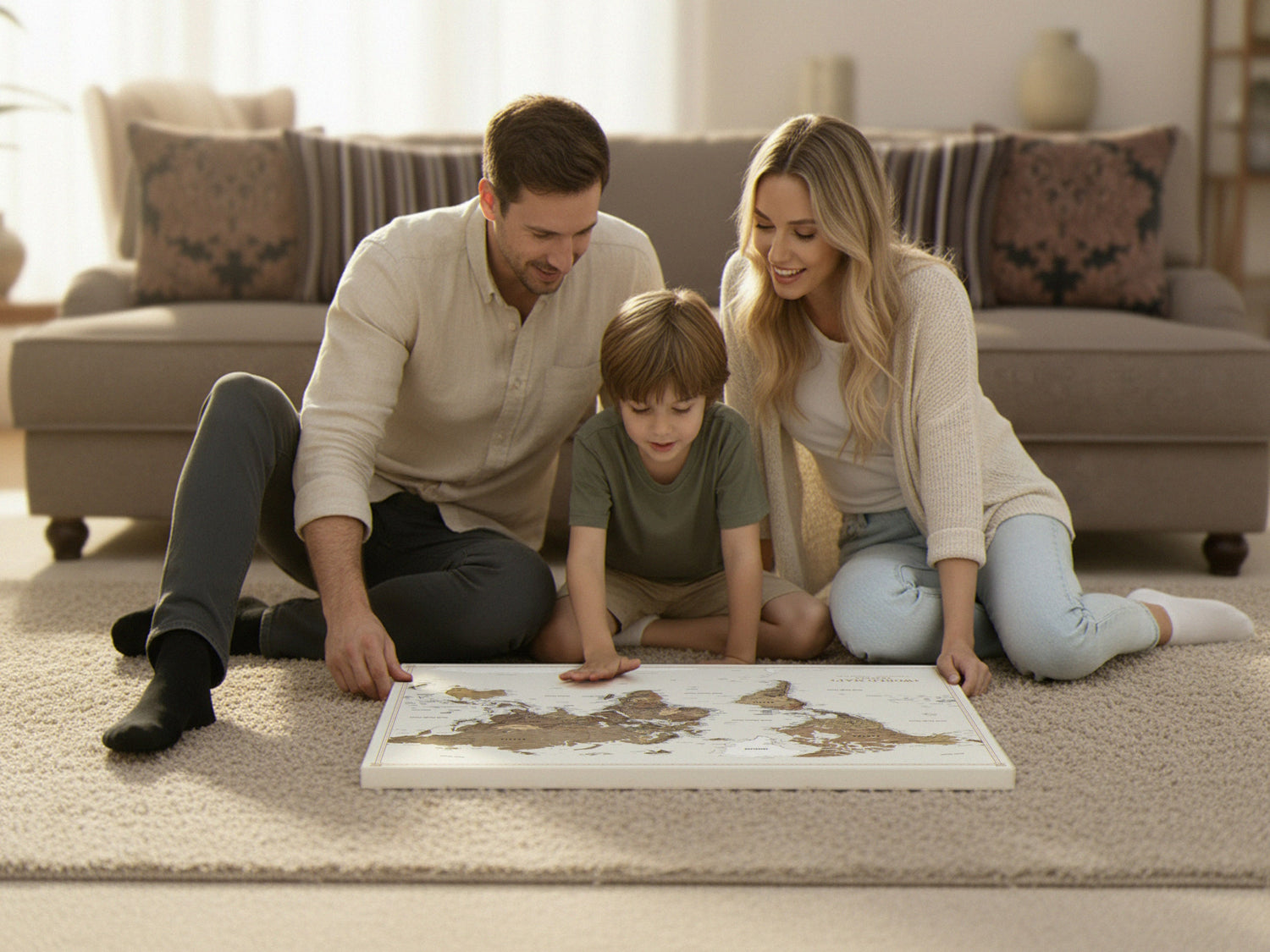 Une famille avec un enfant regarde une grande carte du monde sur toile à épingles posée au sol pour planifier ses futurs voyages dans le salon
