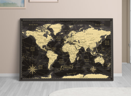 World Map on Canvas Pushpins Pinboard - Golden World