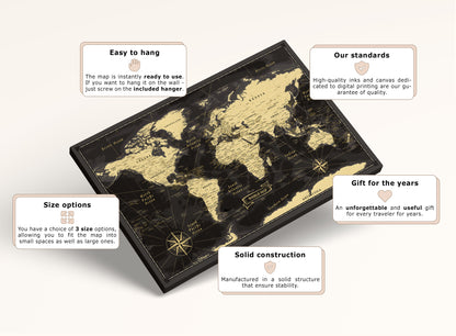 World Map on Canvas Pushpins Pinboard - Golden World
