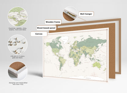 Layers and components of customizable world map pinboard with pins and frame.
