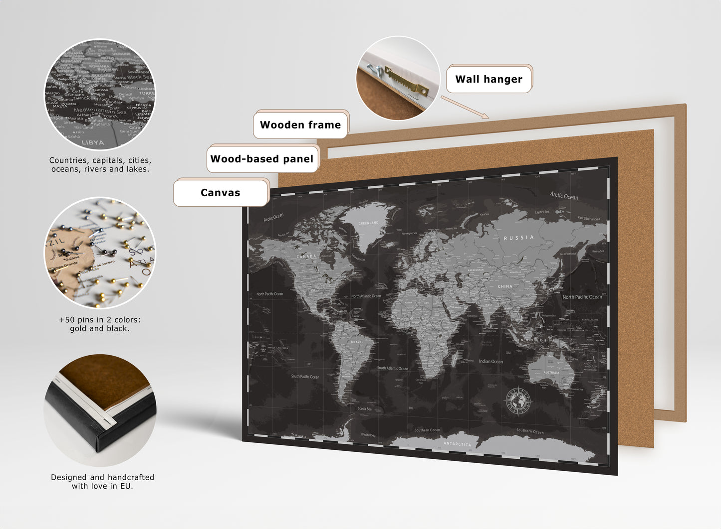 Personalized World Map on Canvas Pushpins Pinboard - Metalic