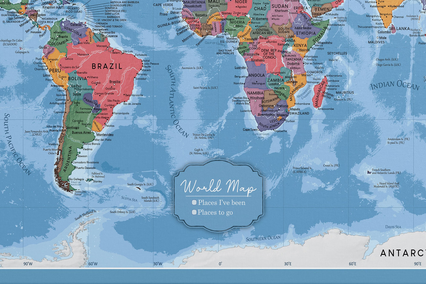 Personalised World Map on Canvas Pushpins Pinboard - Colorfully