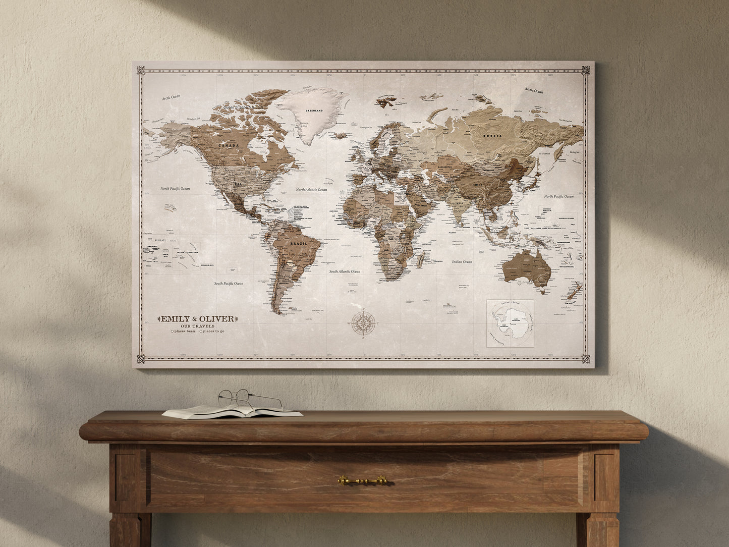 Personalised World Map on Canvas Pushpins Pinboard - Desert Tones