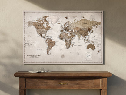Personalised World Map on Canvas Pushpins Pinboard - Desert Tones