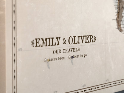 Personalised World Map on Canvas Pushpins Pinboard - Desert Tones