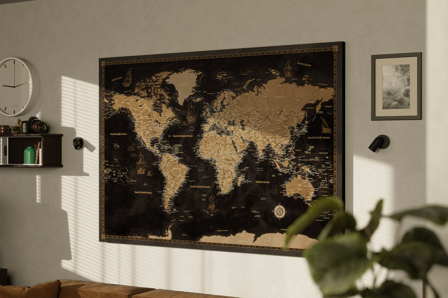 Personalised World Map on Canvas Pushpins Pinboard - Golden Travels