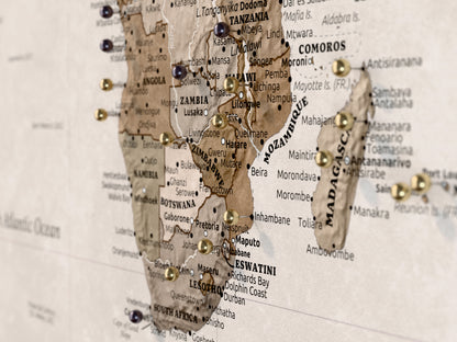Personalised World Map on Canvas Pushpins Pinboard - Desert Tones