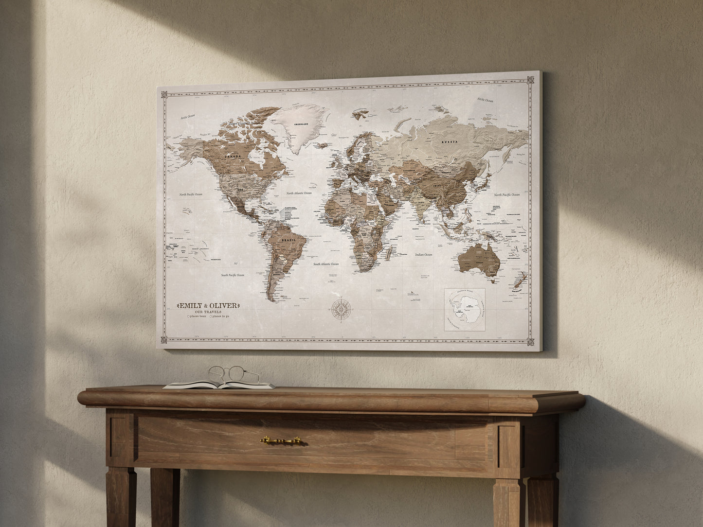 Personalised World Map on Canvas Pushpins Pinboard - Desert Tones