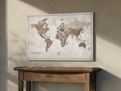 Personalised World Map on Canvas Pushpins Pinboard - Desert Tones