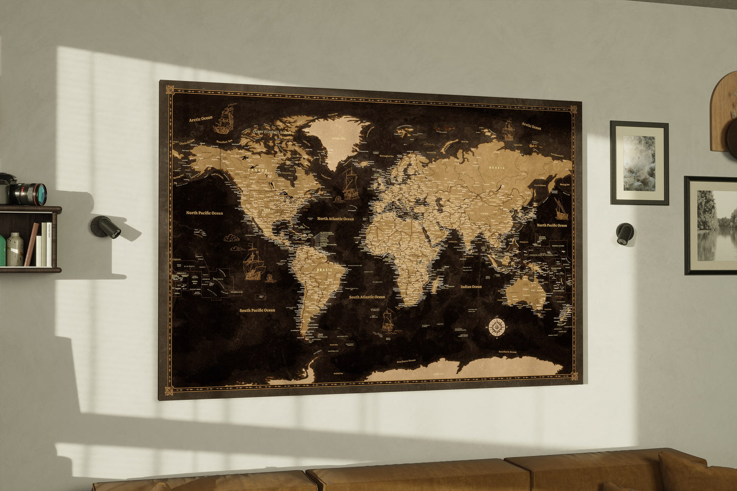 Personalised World Map on Canvas Pushpins Pinboard - Golden Travels