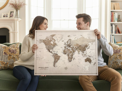 Personalised World Map on Canvas Pushpins Pinboard - Desert Tones