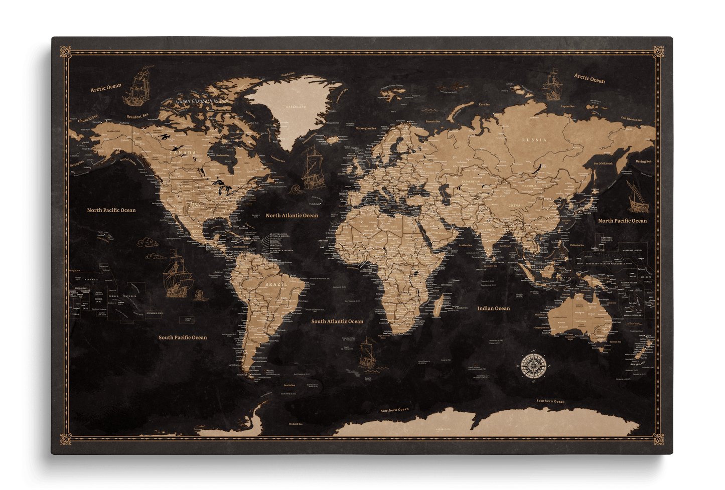 Personalizowana Mapa świata na płótnie w formie tablicy korkowej z pinezkami - Golden Travels