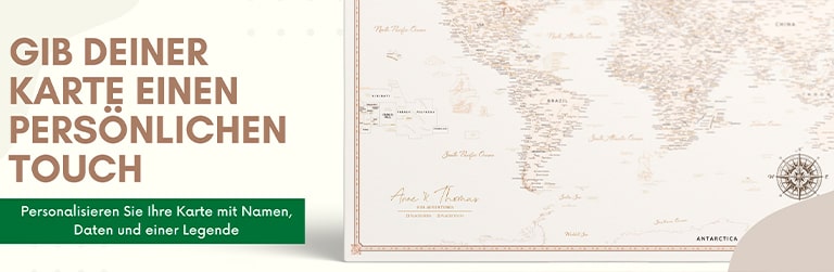 Personalisiere deine Weltkarte auf Leinwand mit Namen, Daten und einer Legende, ideal für Weltenbummler und Reiseenthusiasten