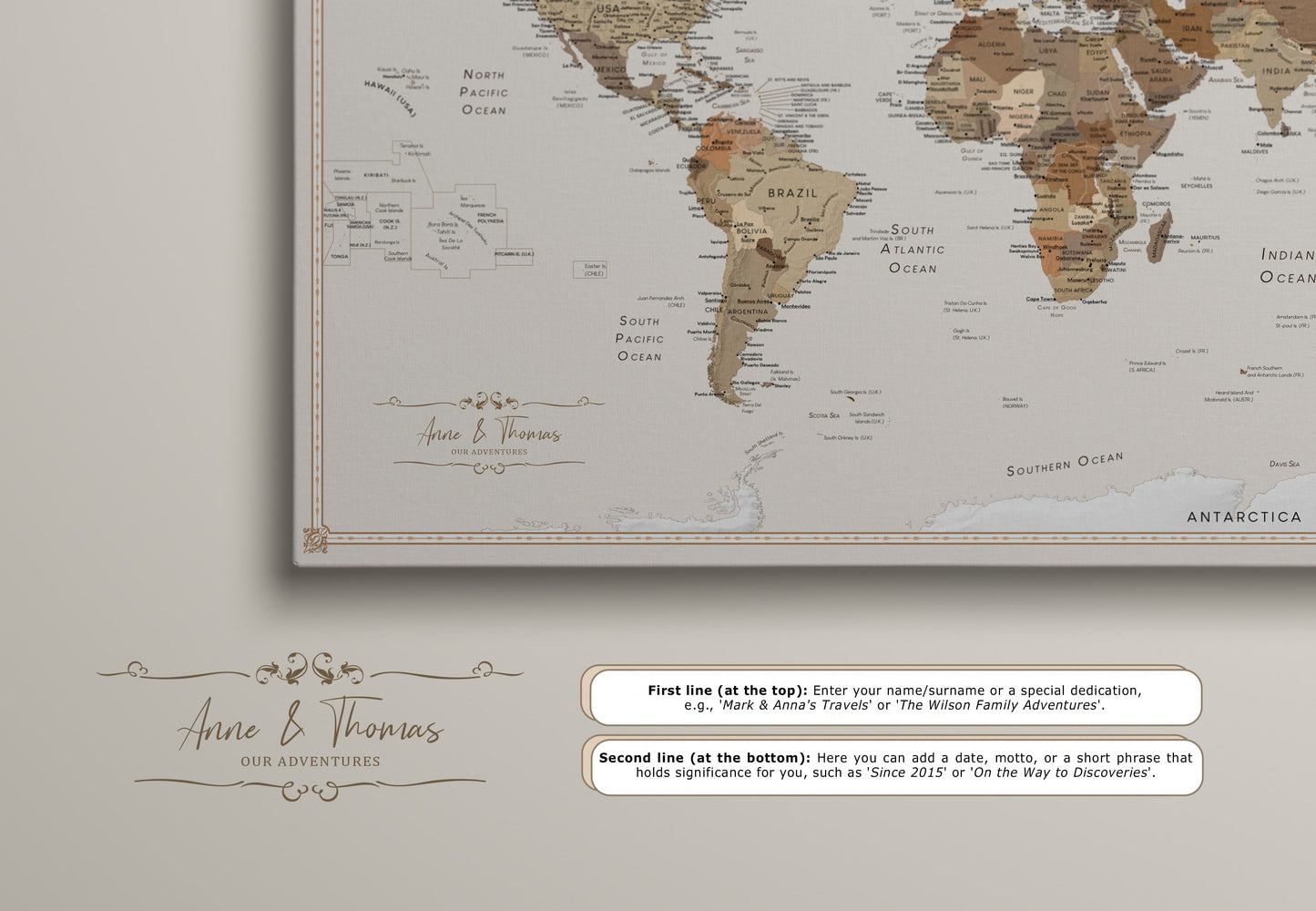 Personalized World Map on Canvas Pushpins Pinboard - Choco Latte