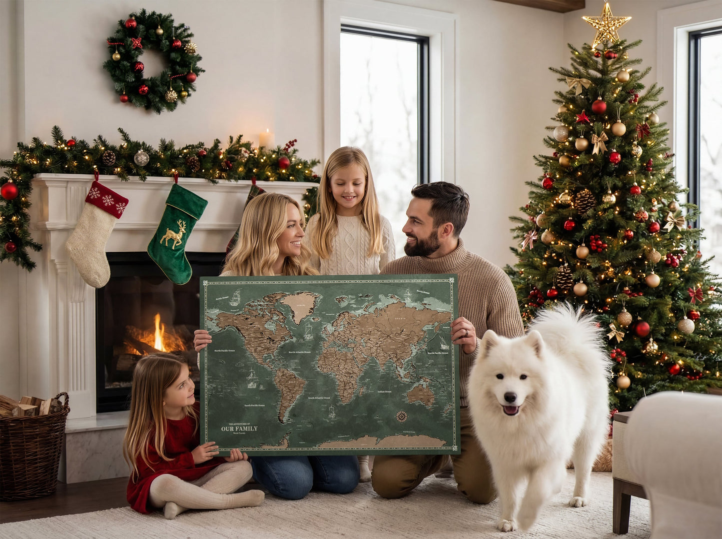 Personalised World Map on Canvas Pushpins Pinboard - Explorer's Green