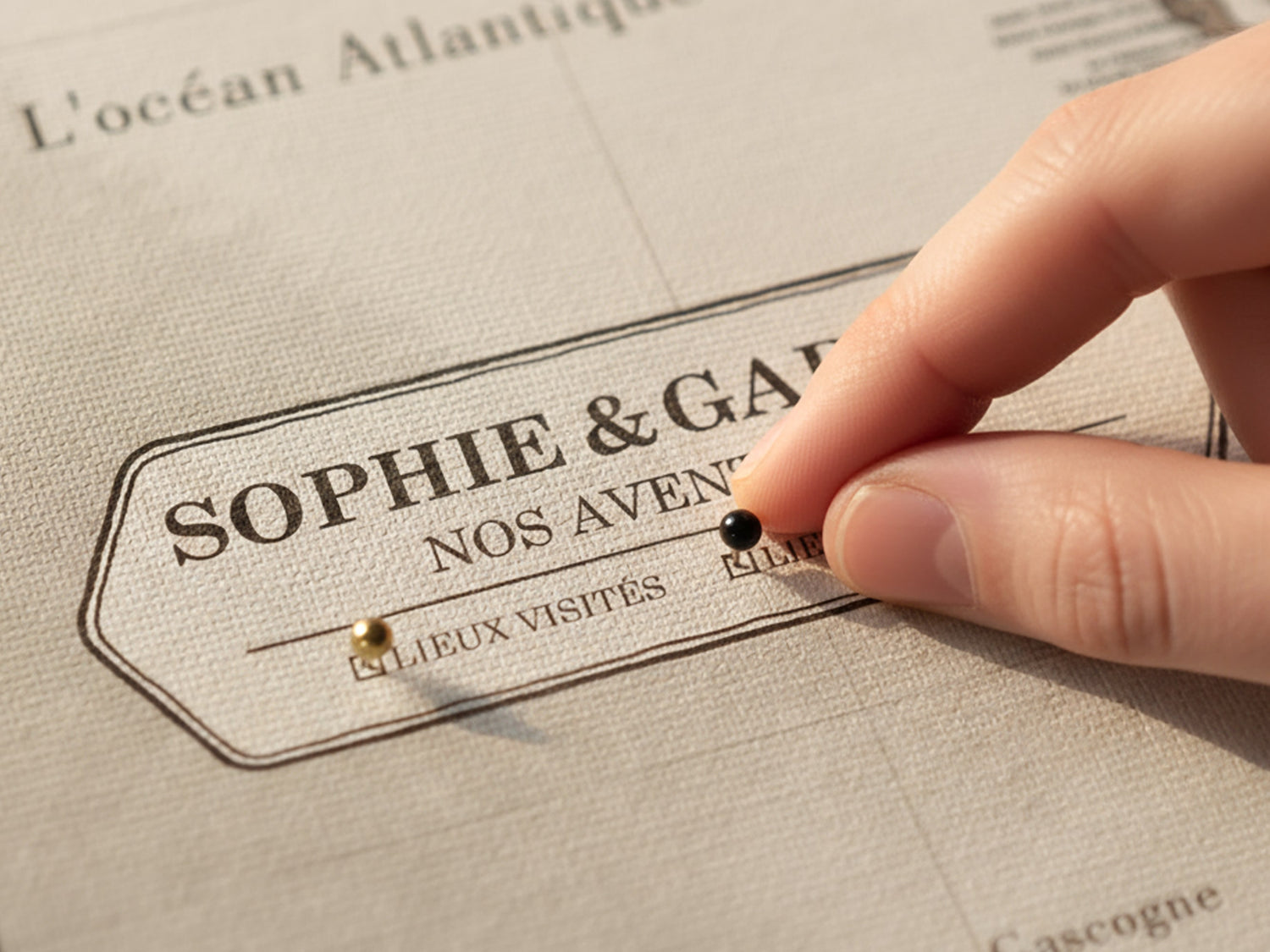 Close-up of a personalized canvas world travel push pin map – hand placing a pin in the custom name label.