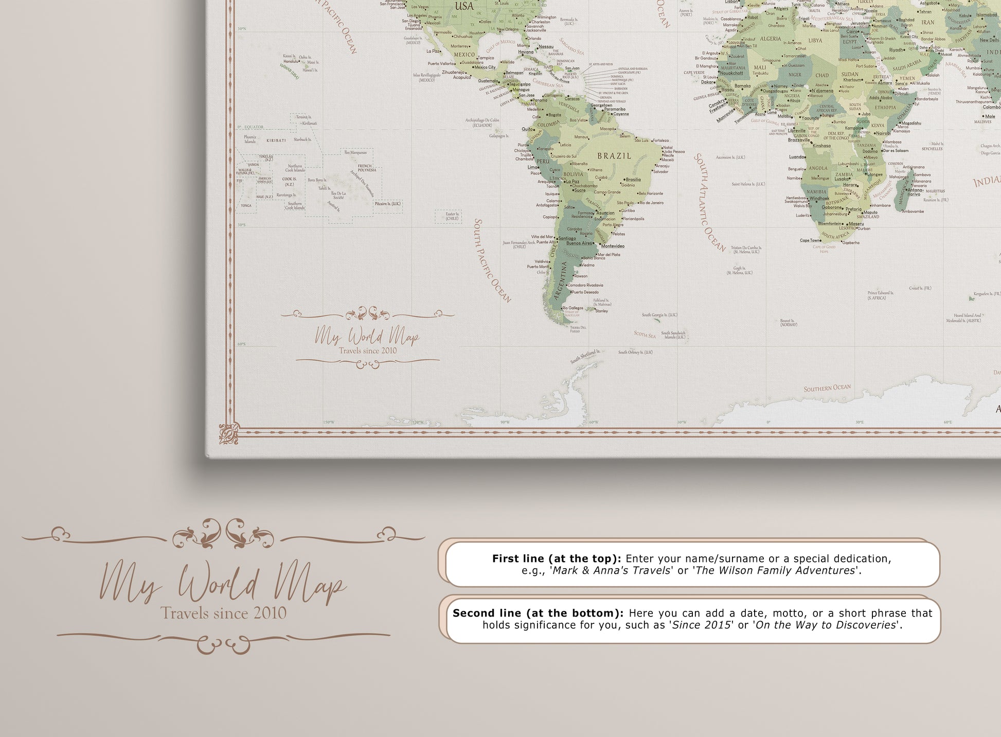 Personalizable world map pinboard with example text showcasing travel memories.