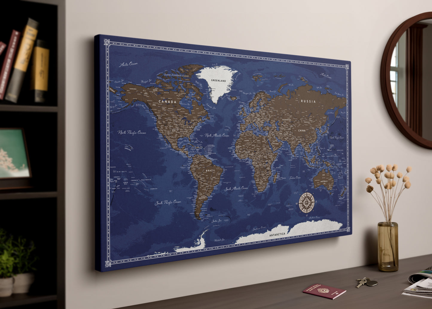 Personalised World Map on Canvas Pushpins Pinboard - Raw Earth