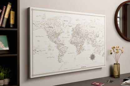 Carte du Monde Personnalisée sur Toile avec Épingles - Crème