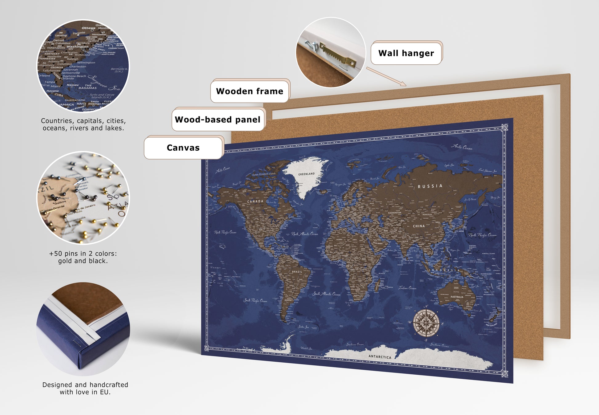 Carte du Monde Personnalisée sur Toile avec Épingles - Raw Earth